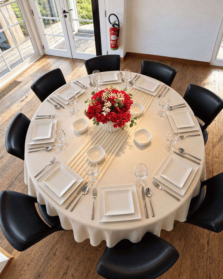 Lange tafels met linnen, bloemen en warm kaarslicht voor een privéfeest