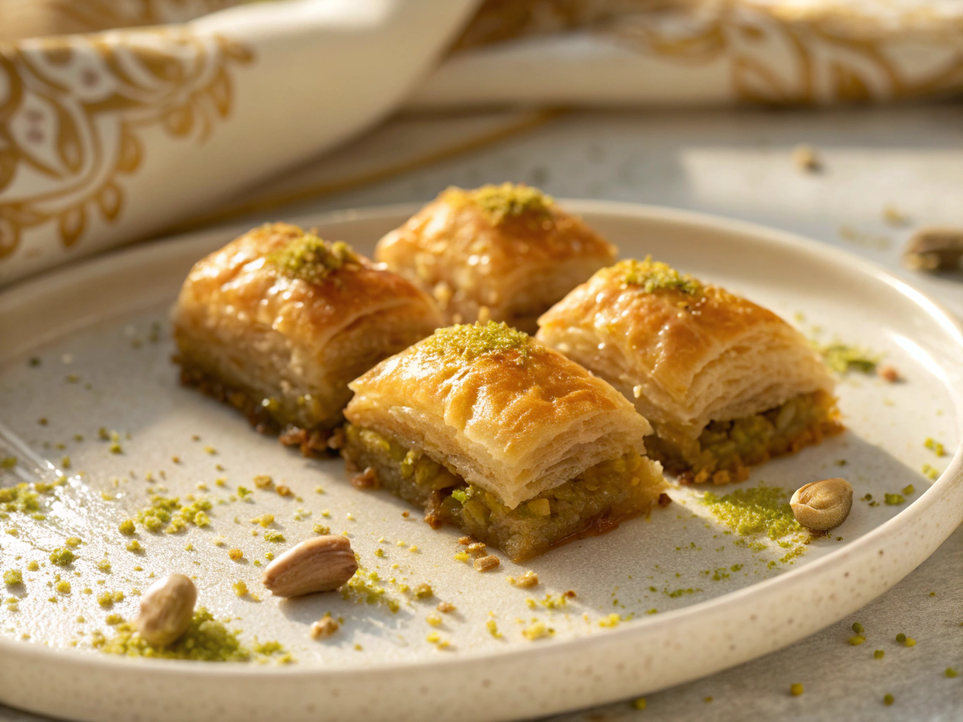 Krokante baklava geserveerd met een bol ambachtelijk vanille-ijs