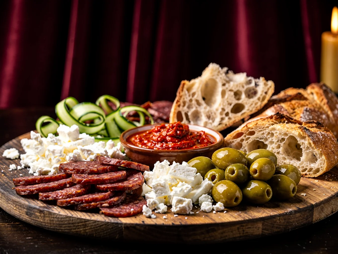 Rijkgevulde Balkan plank met sucuk, feta, olijven, ajvar en warm brood