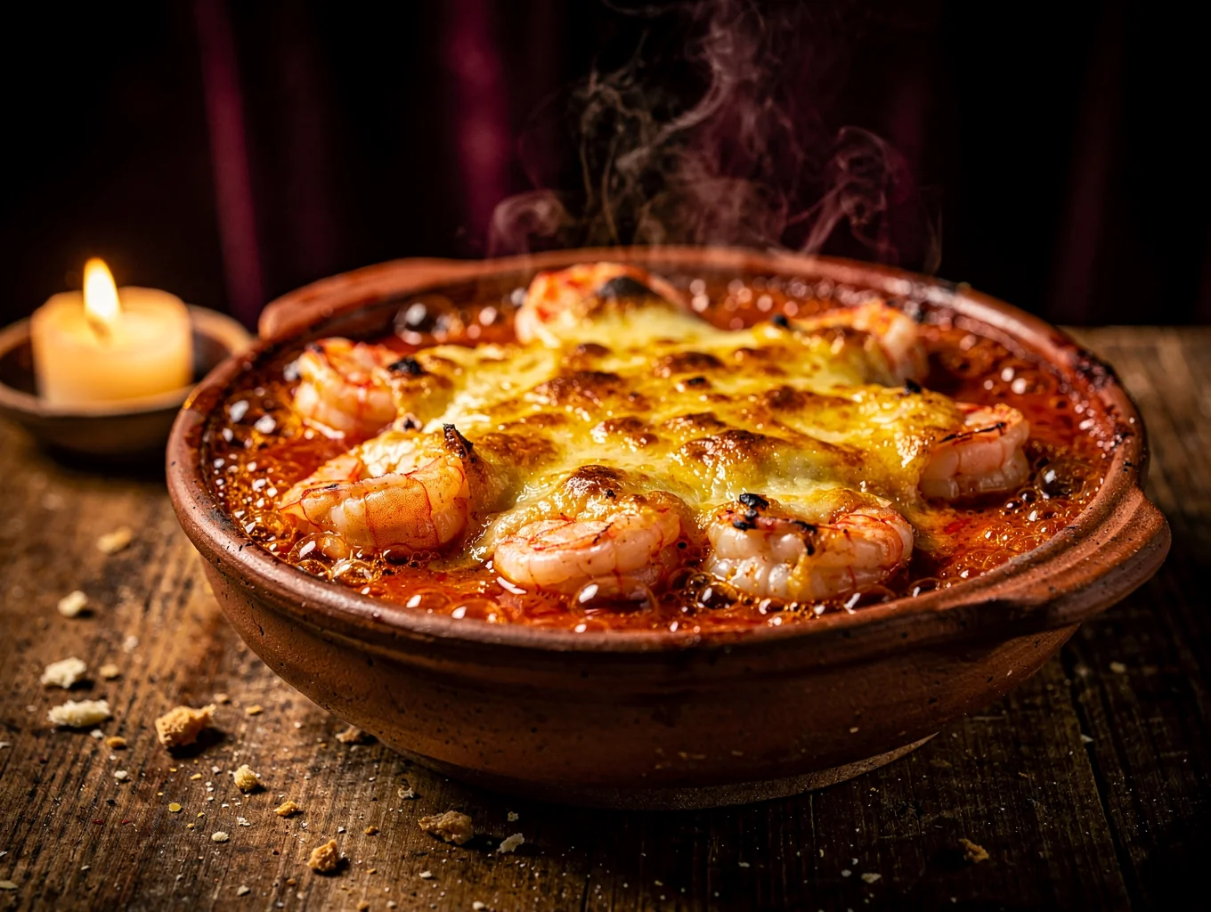 Gamba güveç ovenpannetje met gamba's in tomaat-paprikasaus en gesmolten kaas
